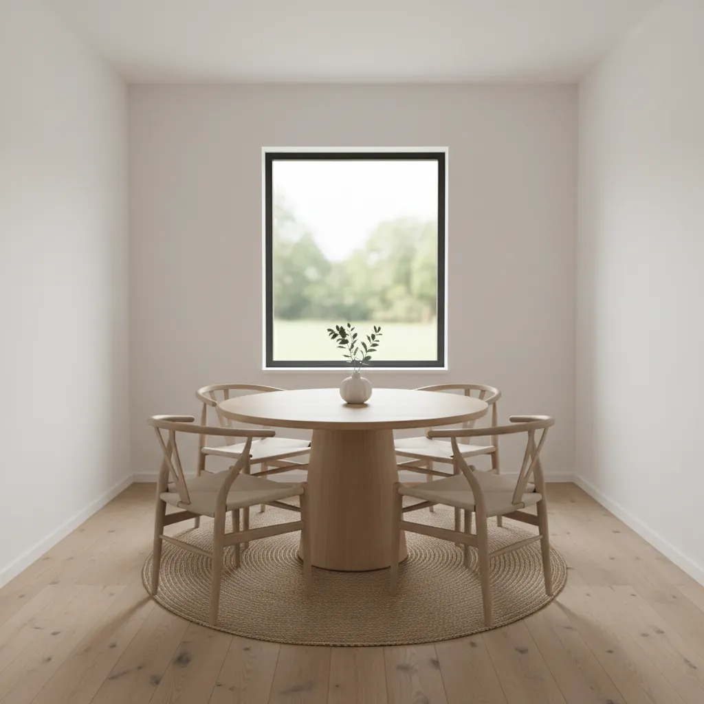 compact dining room with round table and minimalist decor
