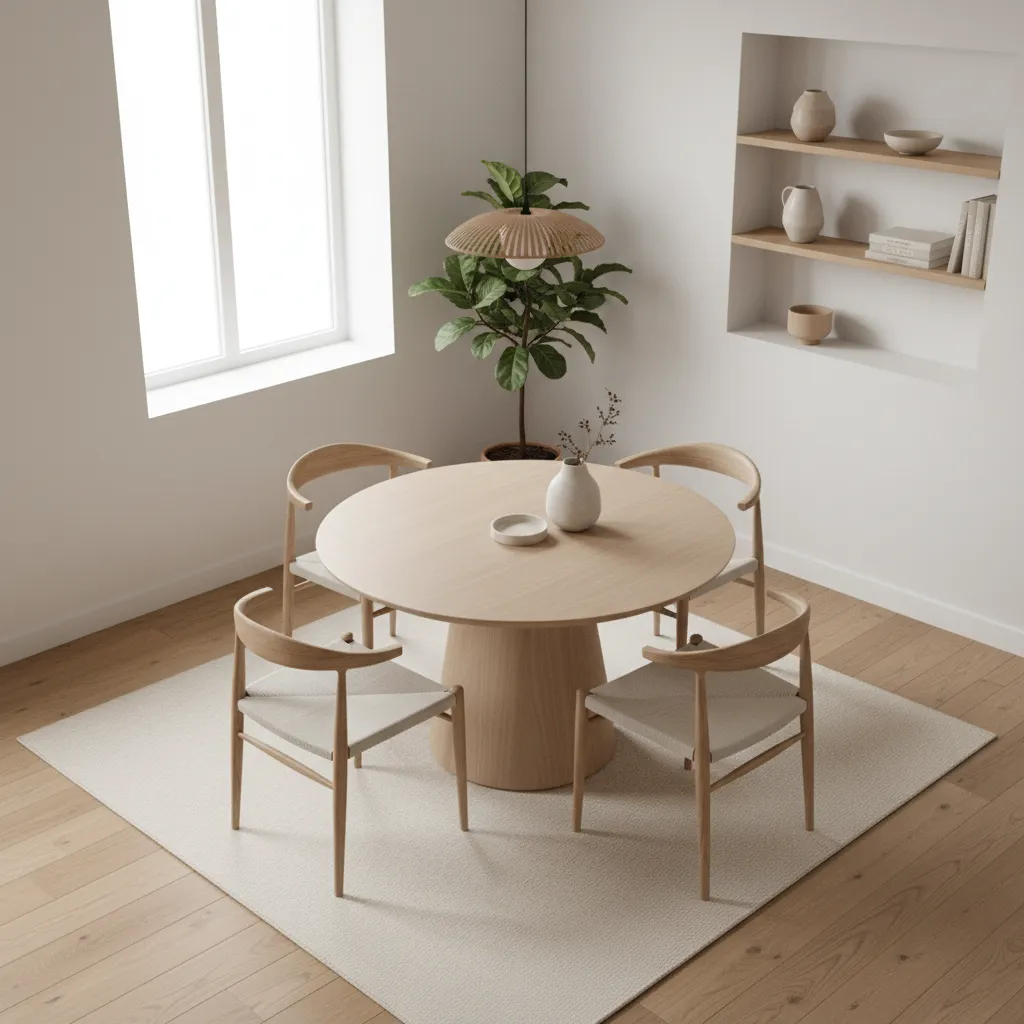 Small dining area with a round dining table improving circulation space