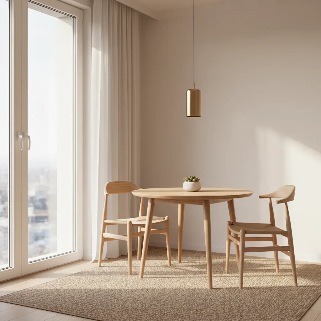 Compact apartment dining area using a round table to maximize walking space