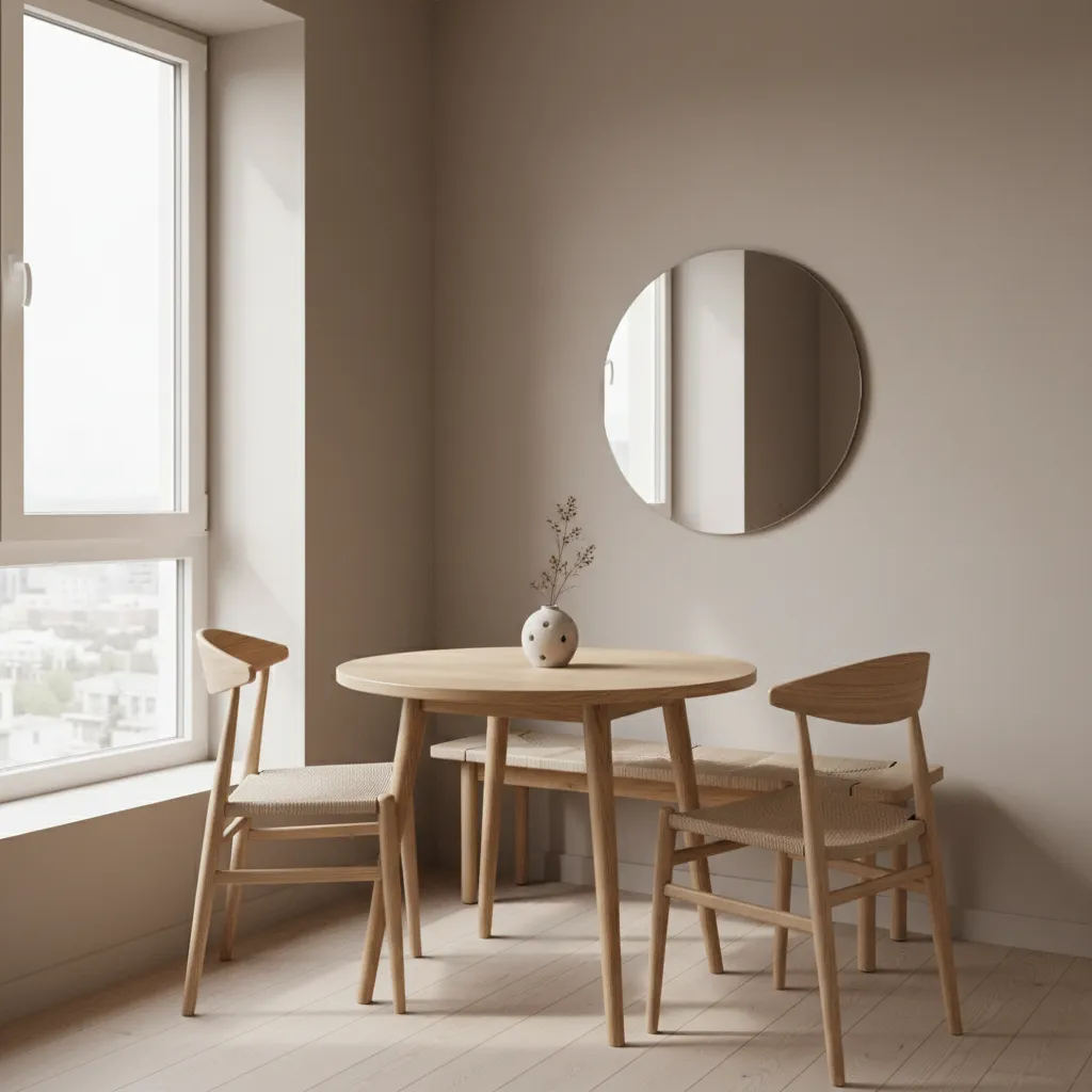 compact dining room with round table and two chairs near window