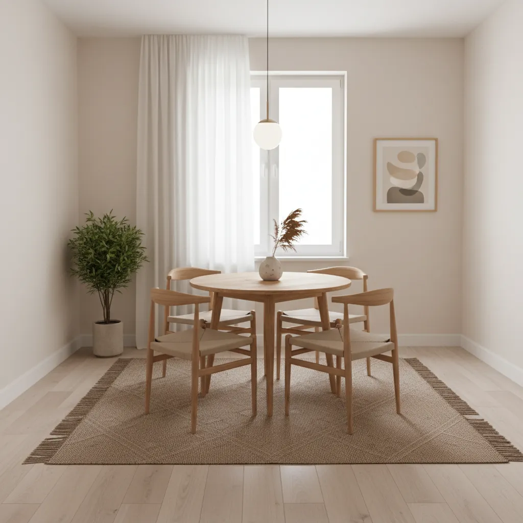 Small dining room with centered rug and balanced spacing