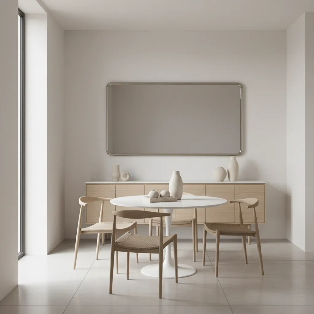 Light decor and mirror above slim dining room sideboard