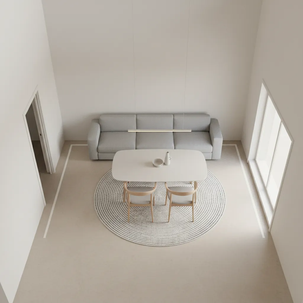 Small dining room layout with sofa seating and clear walking space