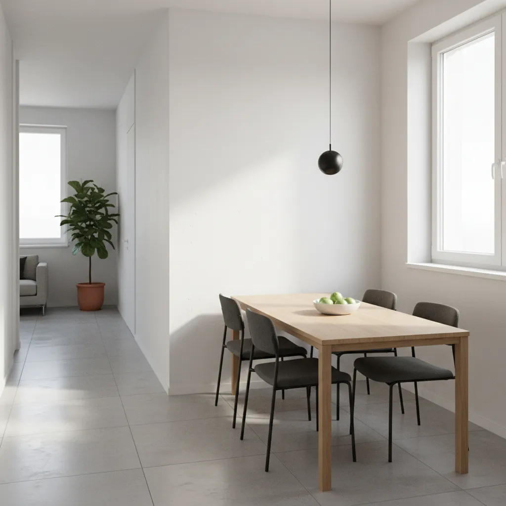 narrow dining table positioned closer to wall for better circulation