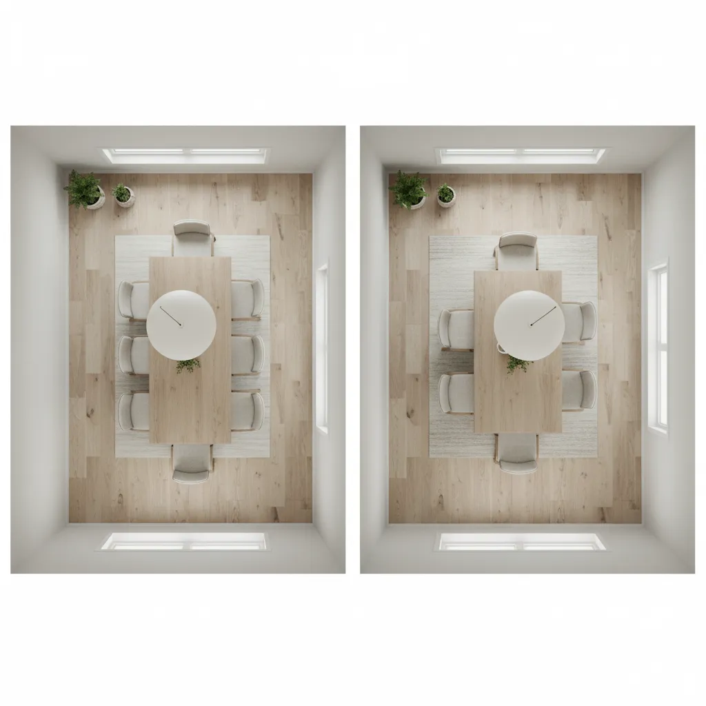 Small dining room layout comparing narrow and standard table sizes