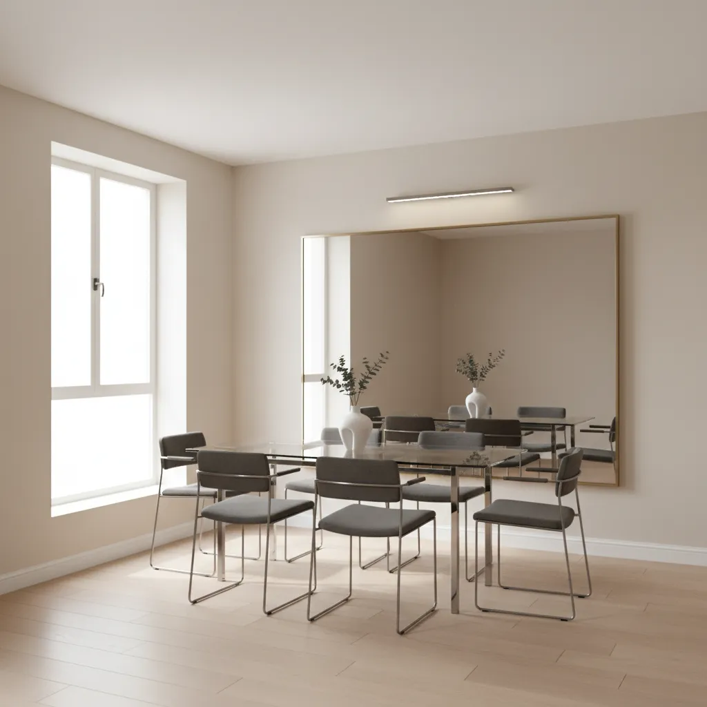 small dining area designed to feel larger with mirror and light furniture