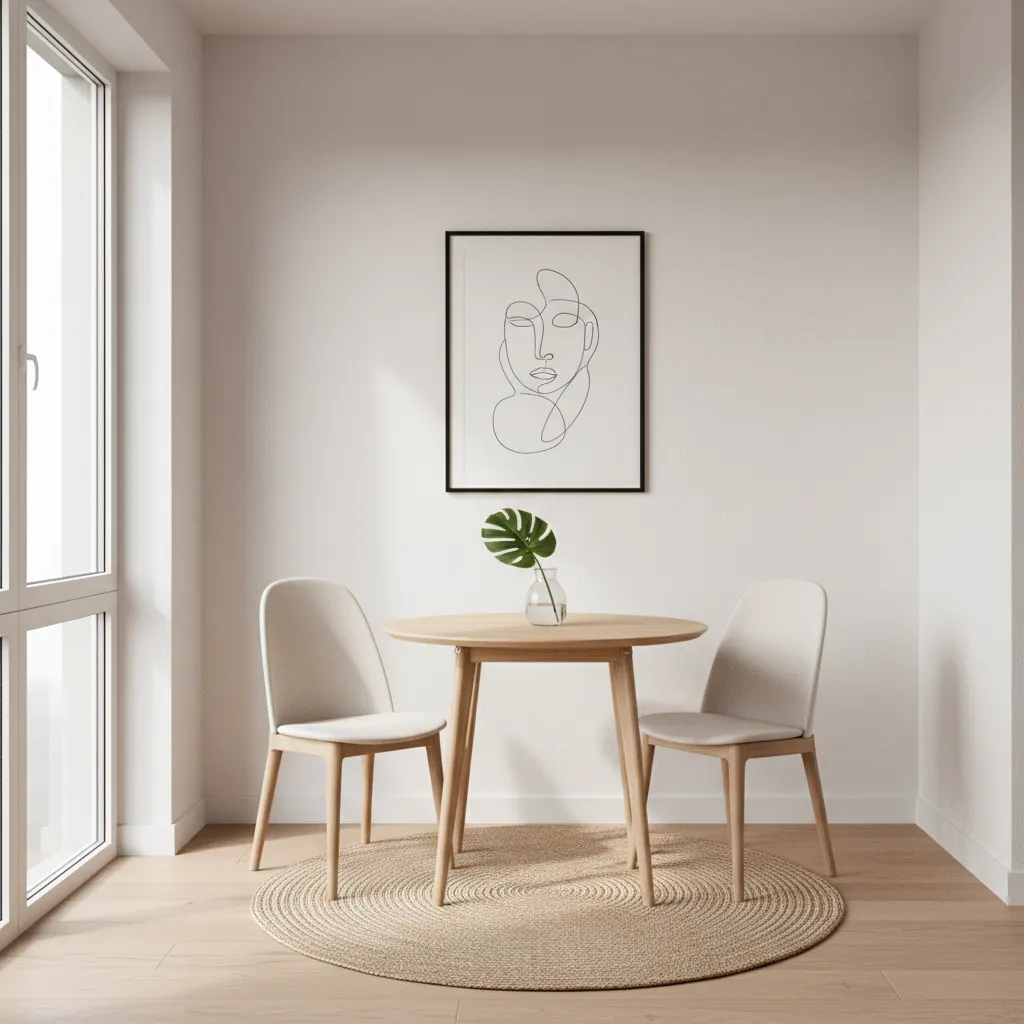 Compact dining nook with carefully scaled wall art above a small dining table
