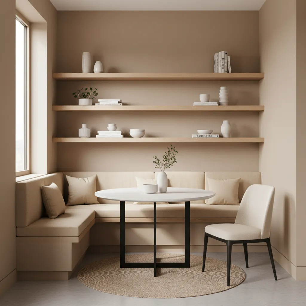 small dining room with floating shelves storage above bench seating