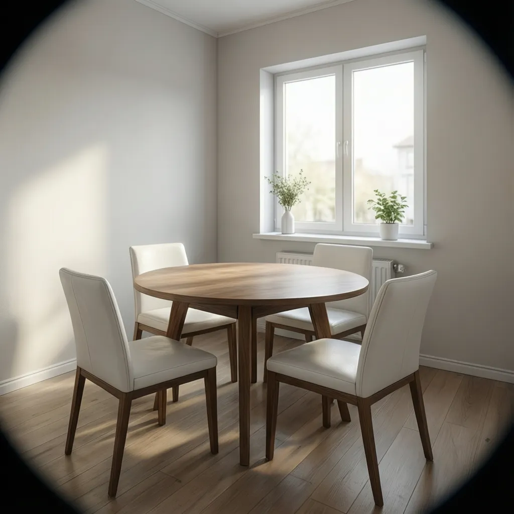Small apartment dining room with white leather dining chairs and round table