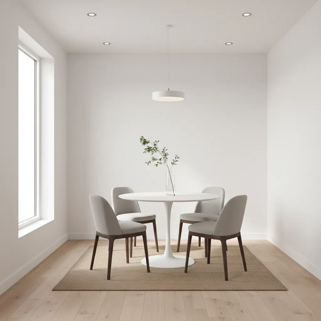 Small dining room with vertical centerpiece on white table
