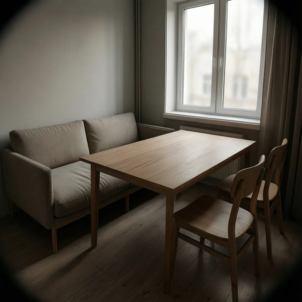 Small dining nook with upholstered dining sofa against wall and wooden table