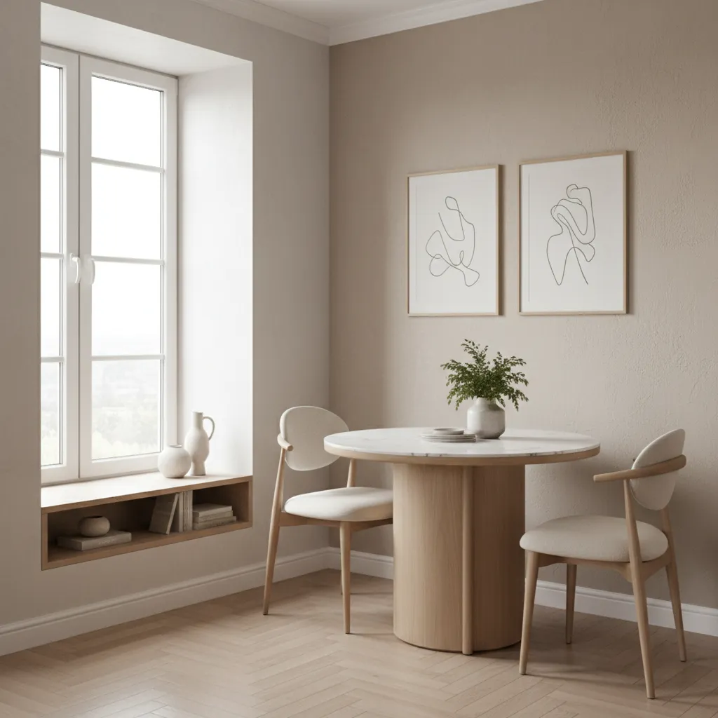 compact dining table placed against styled feature wall in small apartment