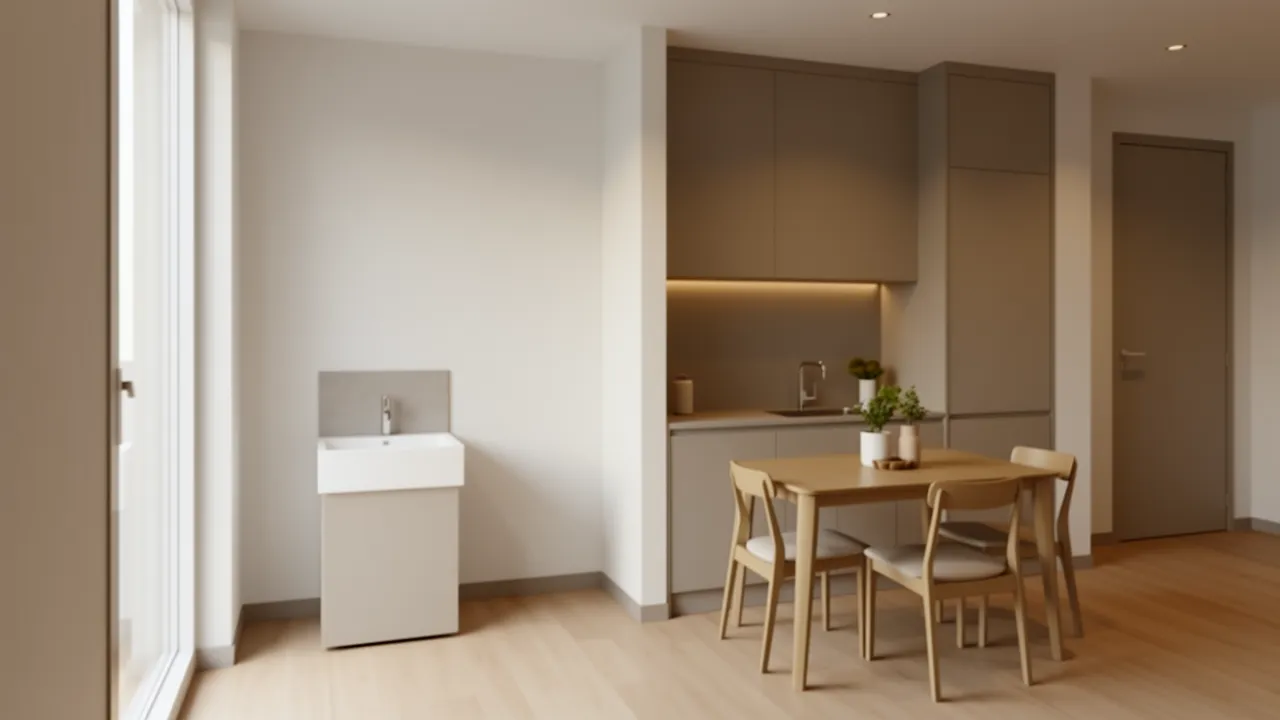 Compact dining room wash basin layout between kitchen and dining area