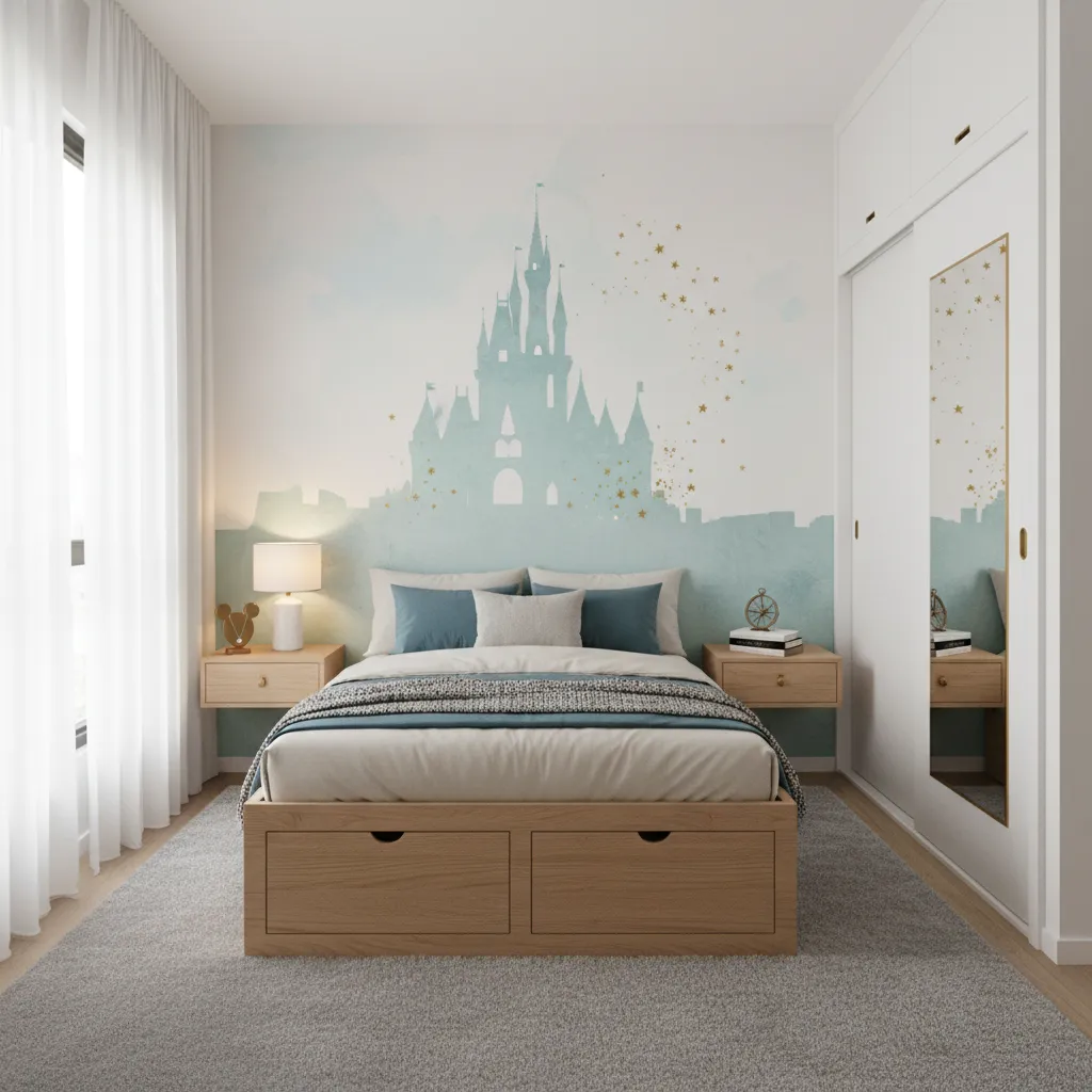 Small Disney themed bedroom layout with storage bed and wall decor