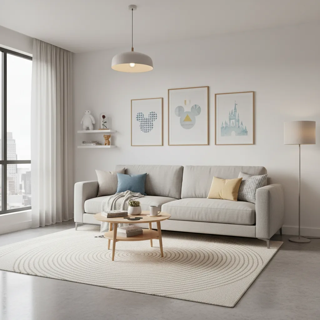 Compact apartment living room decorated with subtle Disney themed accents