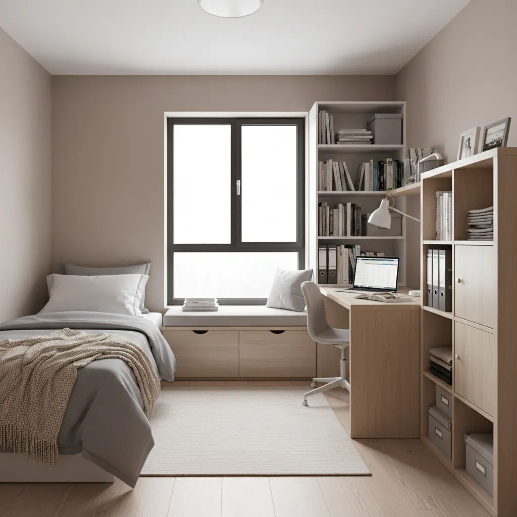Modern small dorm room with grey bed wooden desk white chair bookshelf and a bright window