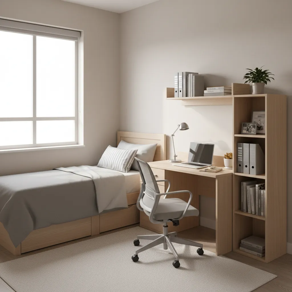 Compact college dorm room layout with bed, desk and organized storage zones
