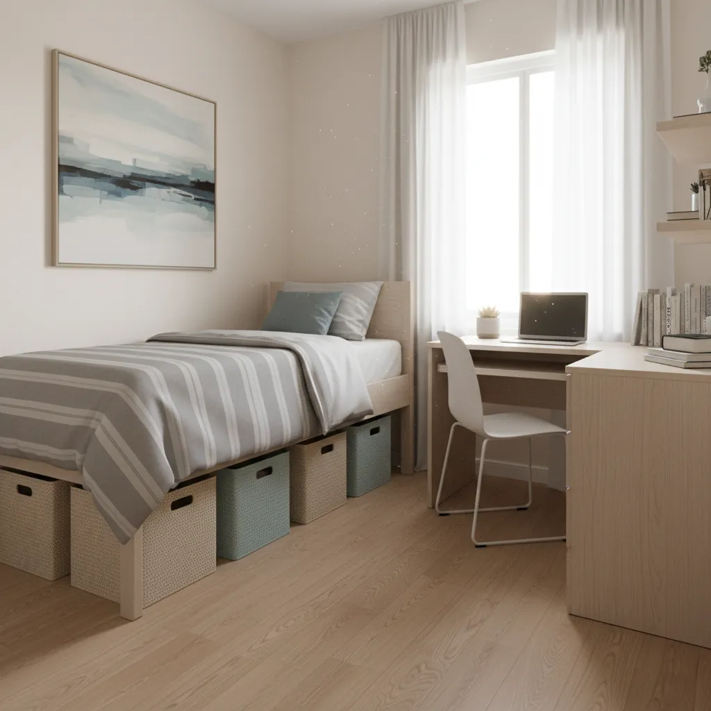 small college dorm room with neatly arranged bed desk and storage layout