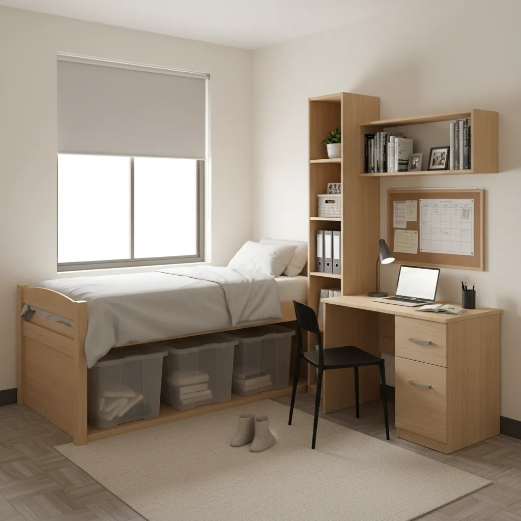 small dorm room with vertical storage shelves and under bed bins