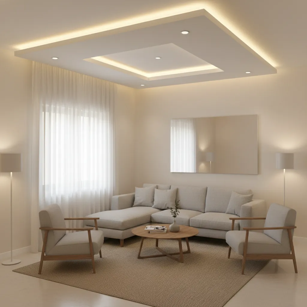Modern living room with grey sofa wooden coffee table and square ceiling with warm lighting