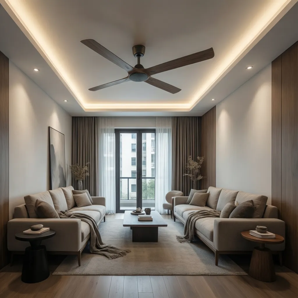 small drawing room with simple ceiling design and slim ceiling fan