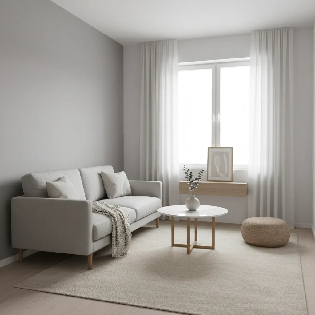 Small drawing room using light grey and white paint colors to appear larger