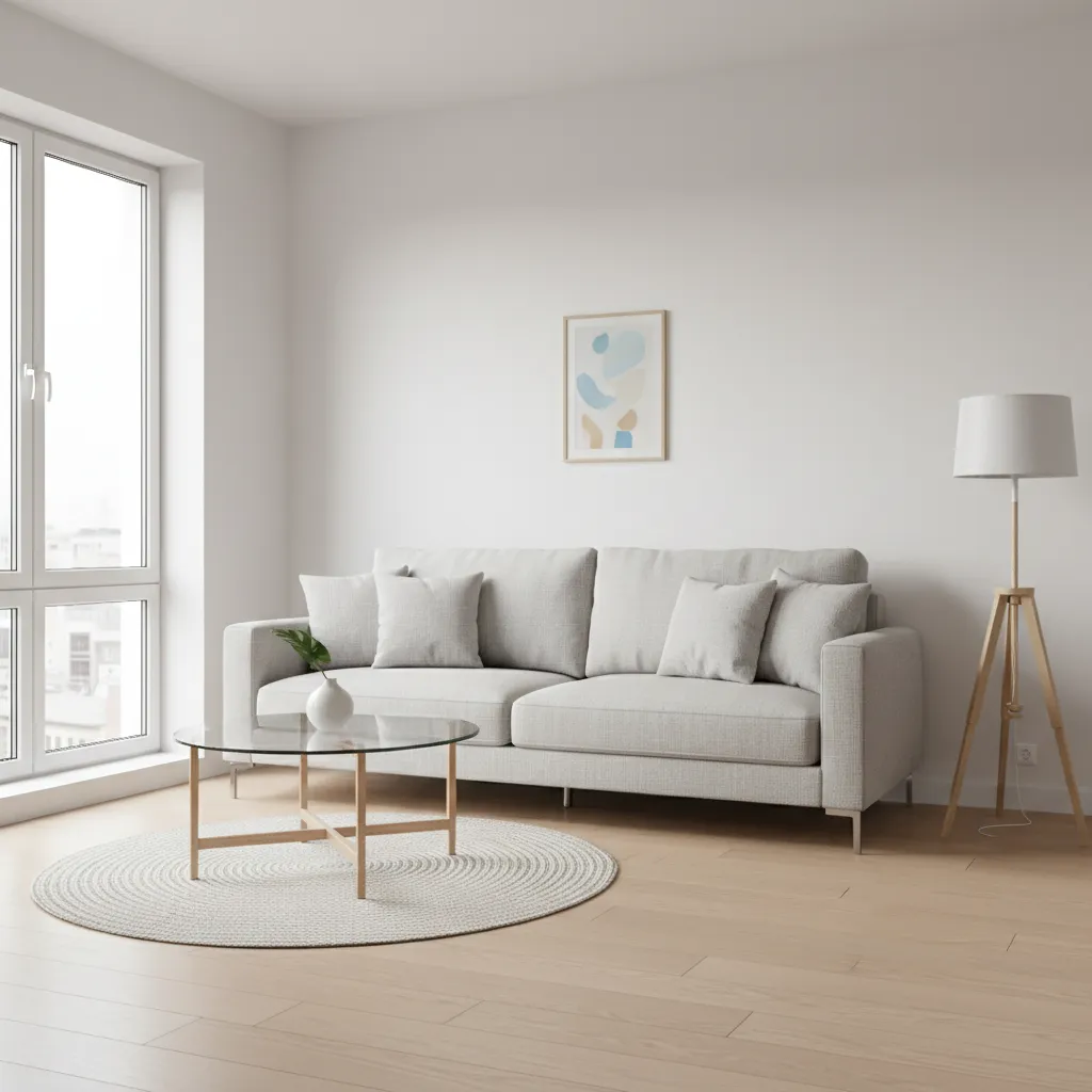 Small drawing room with raised leg sofa and glass coffee table