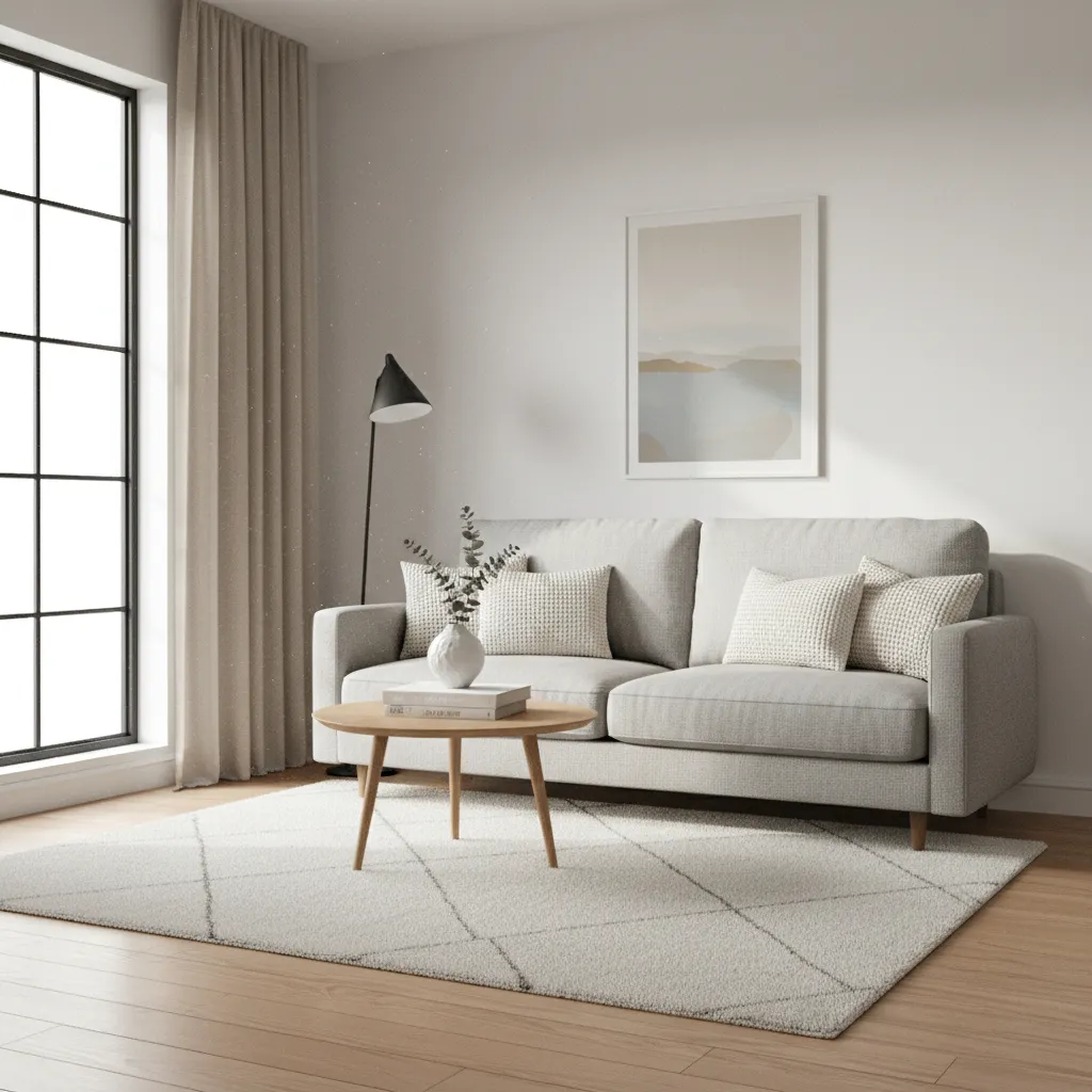 Grey sofa with pillows on white rug with wooden coffee table floor lamp and window