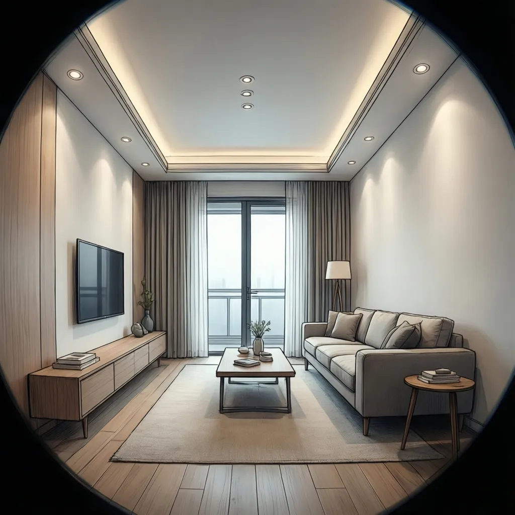 Modern living room interior design drawing with grey sofa wooden cabinet floor lamp and ceiling light