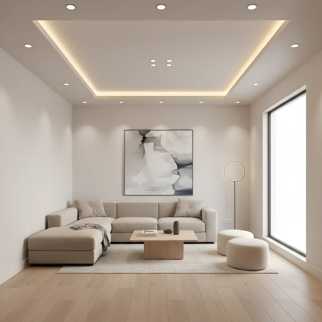 Small drawing room with minimal false ceiling and LED strip lighting