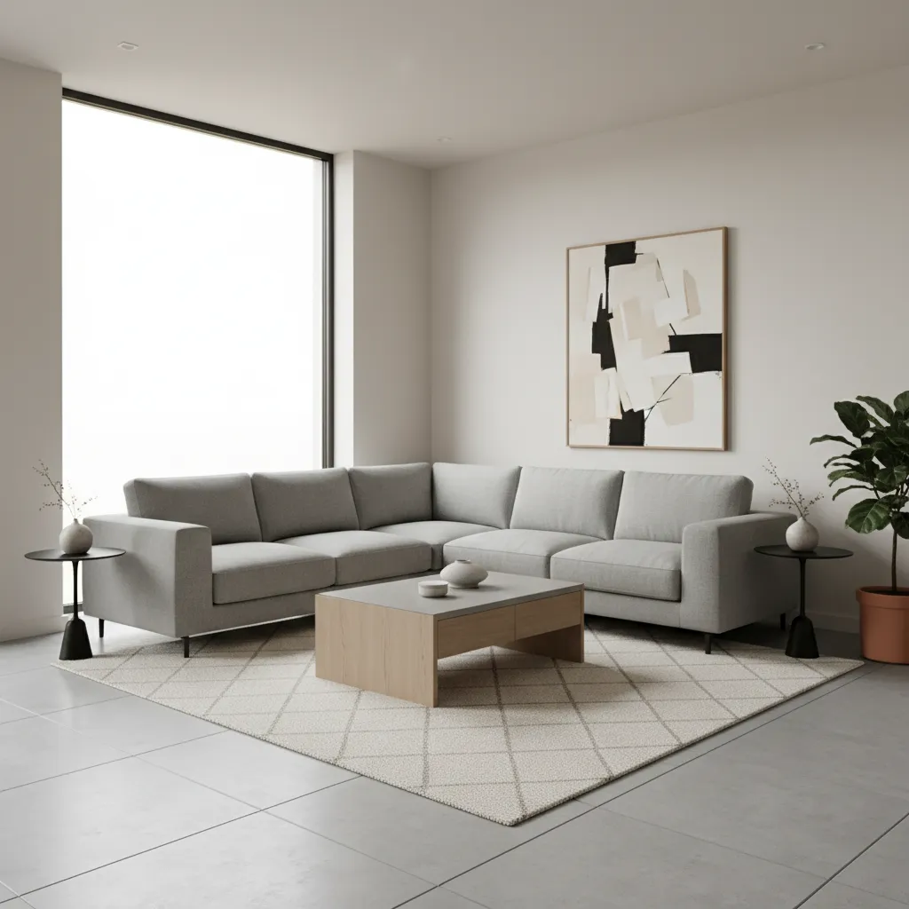 Large grey corner sofa in modern living room with wooden coffee table and geometric rug