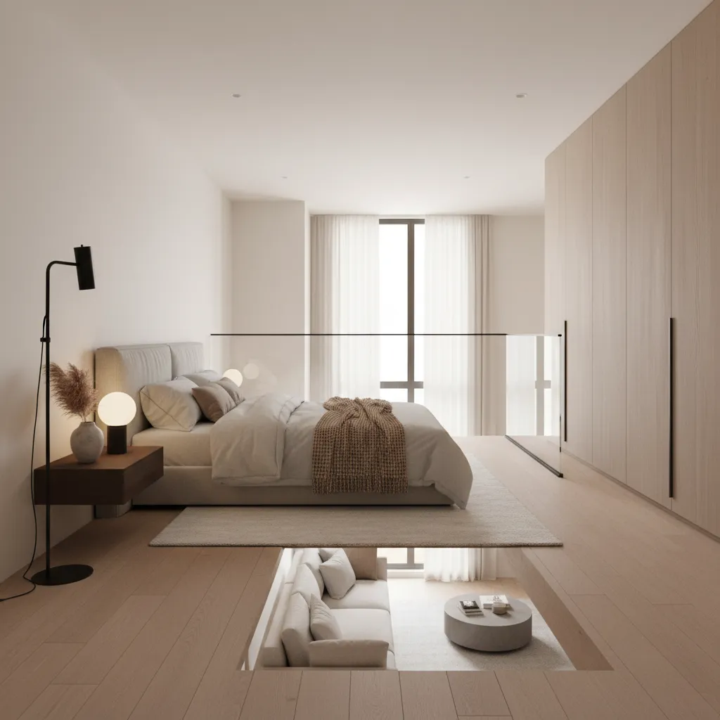 Upper floor bedroom loft in a compact duplex home