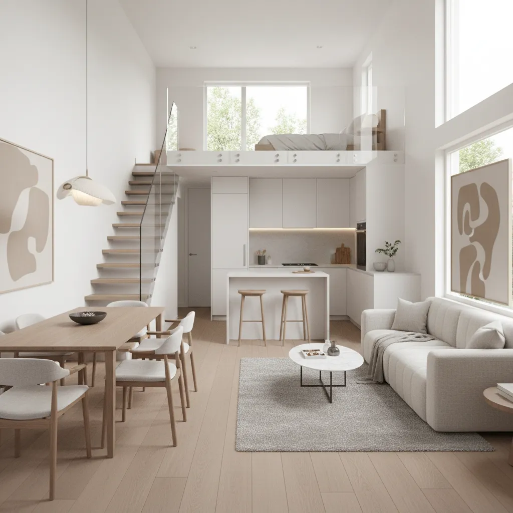 Interior of a compact duplex home showing efficient open plan living area