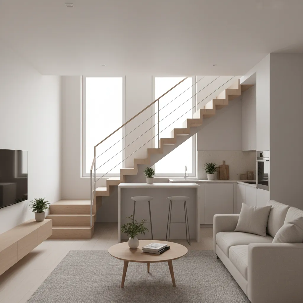Small duplex living room with staircase and open kitchen layout