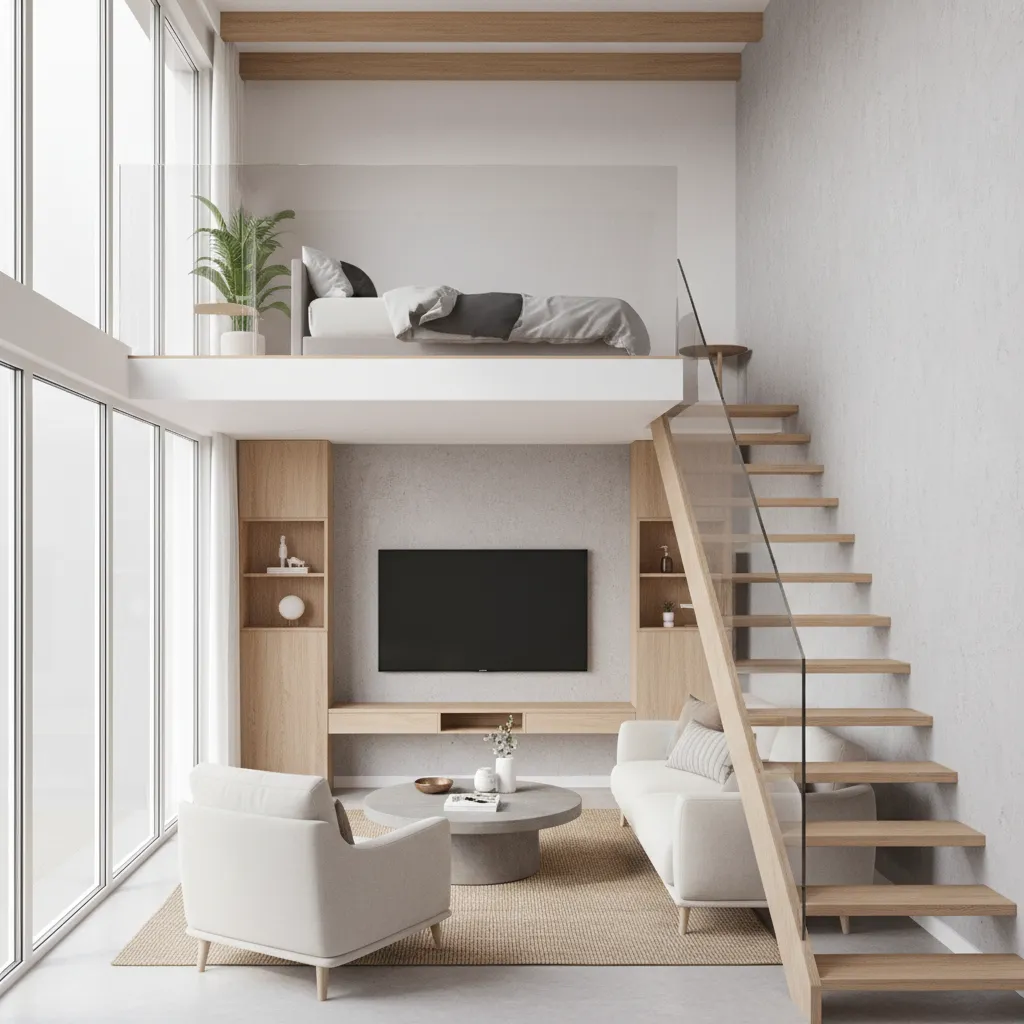 compact duplex living room with mezzanine loft bedroom above