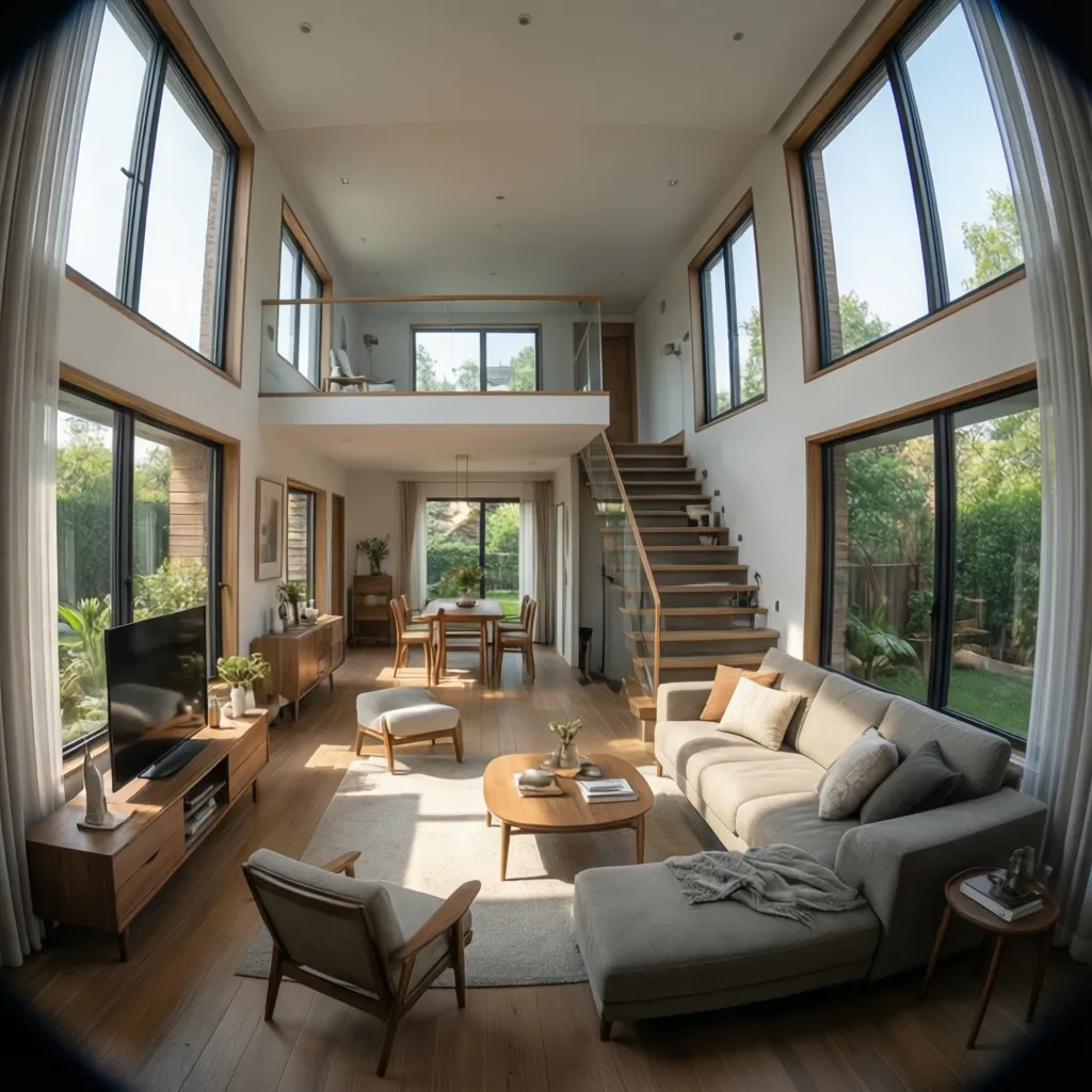 Bright small duplex interior with cross ventilation and large windows