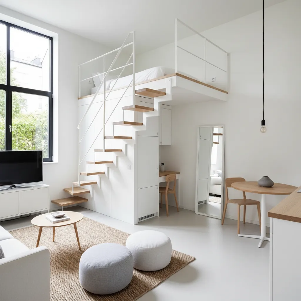 Minimalist white studio with loft bed wooden stairs small living area and round wooden table
