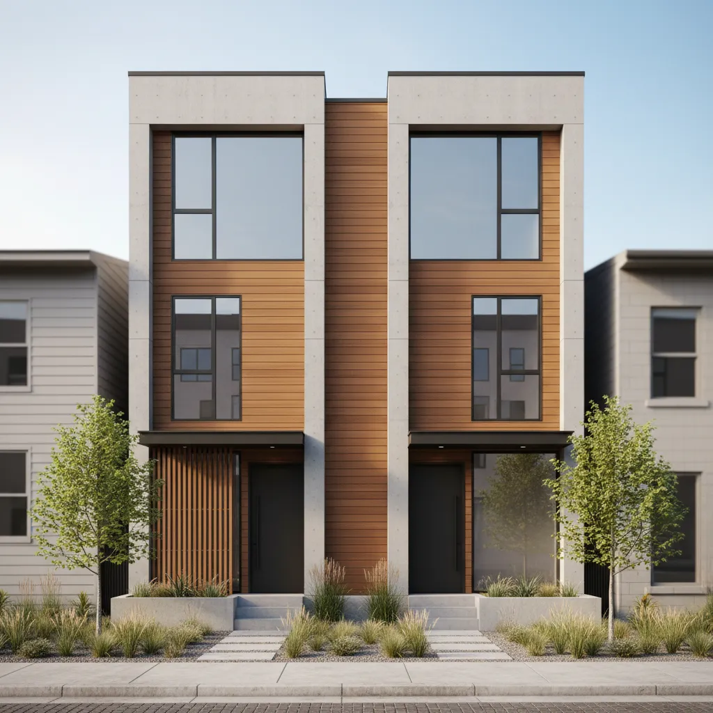 compact modern duplex home built on narrow residential lot