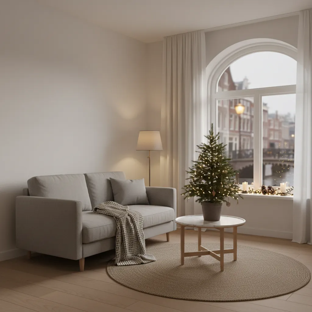 Small Dutch apartment living room decorated for Christmas with minimal ornaments