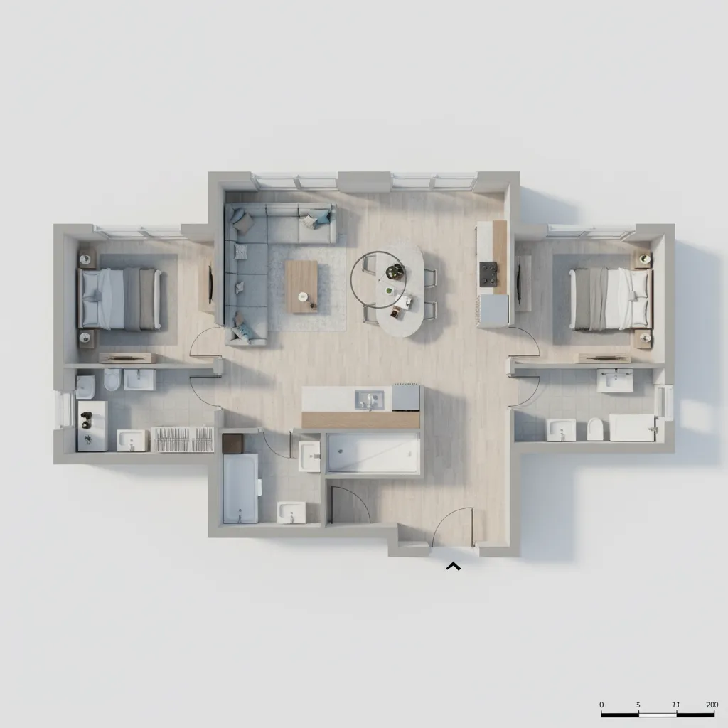 Plano de casa compacta con distribución eficiente