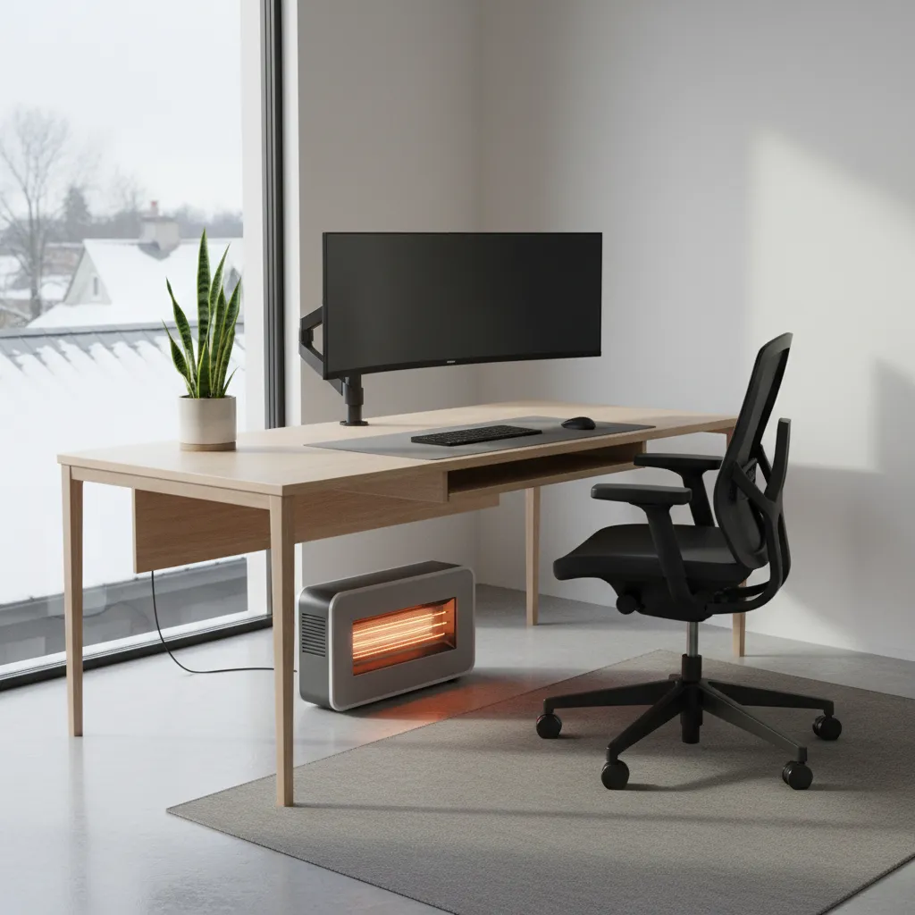 Modern home office desk with computer monitor and a small heater placed on the floor