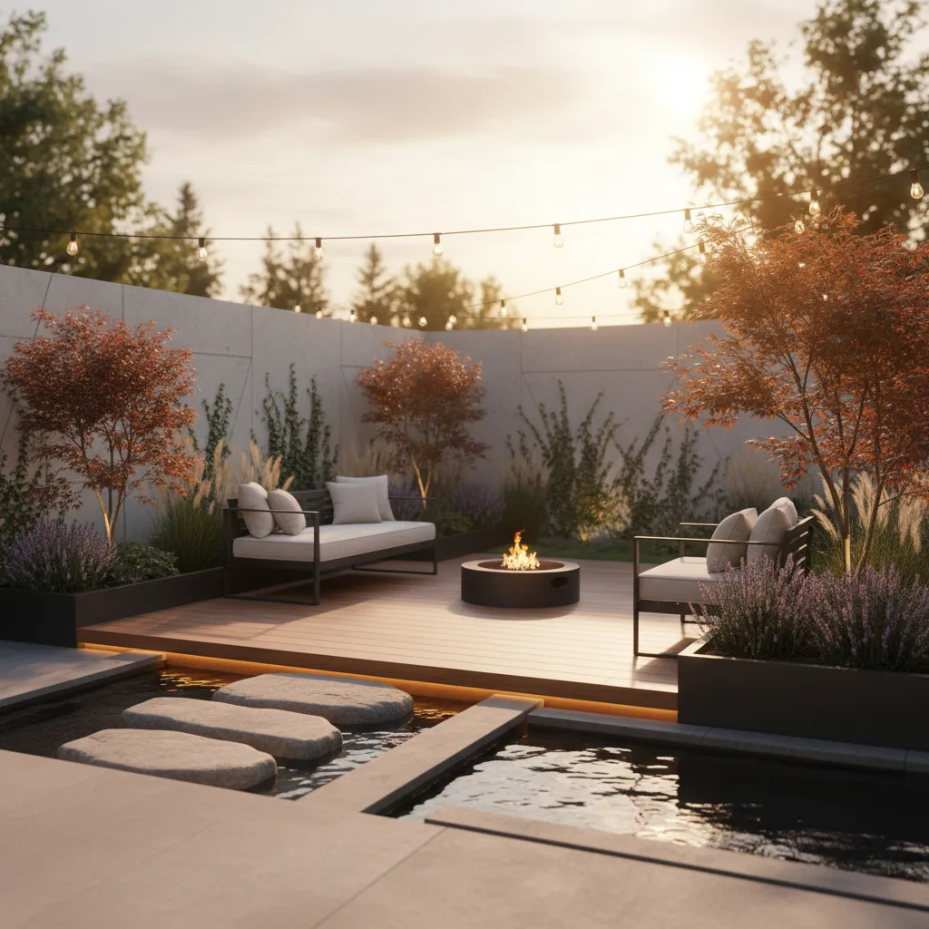 Modern backyard with wood deck, fire pit, outdoor sofa, string lights, and grey stepping stones