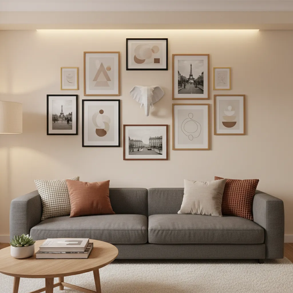 Small elephant head wall decor integrated into a gallery wall in a compact room