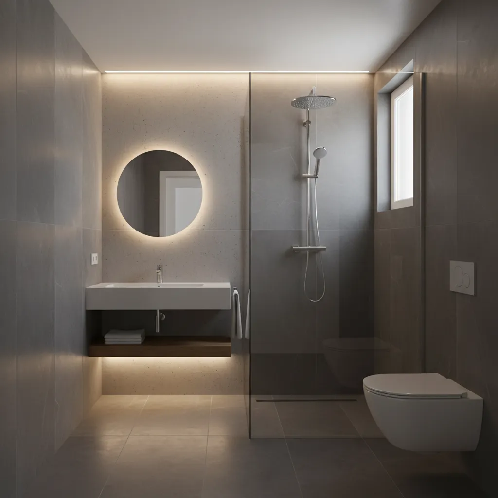 Modern grey bathroom with a backlit round mirror floating sink glass shower and wall toilet