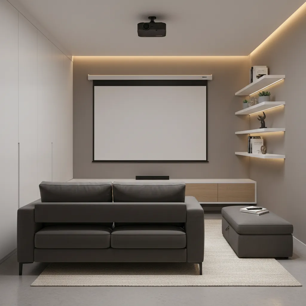 Compact entertainment room with multi functional furniture and projector setup