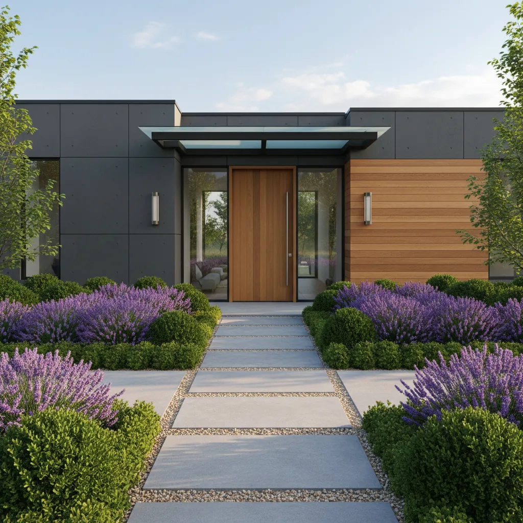 Diseño de jardín pequeño con camino de piedra y plantas organizadas