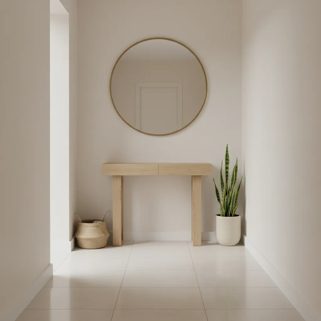 Small entry hall with light porcelain tiles and minimal decor