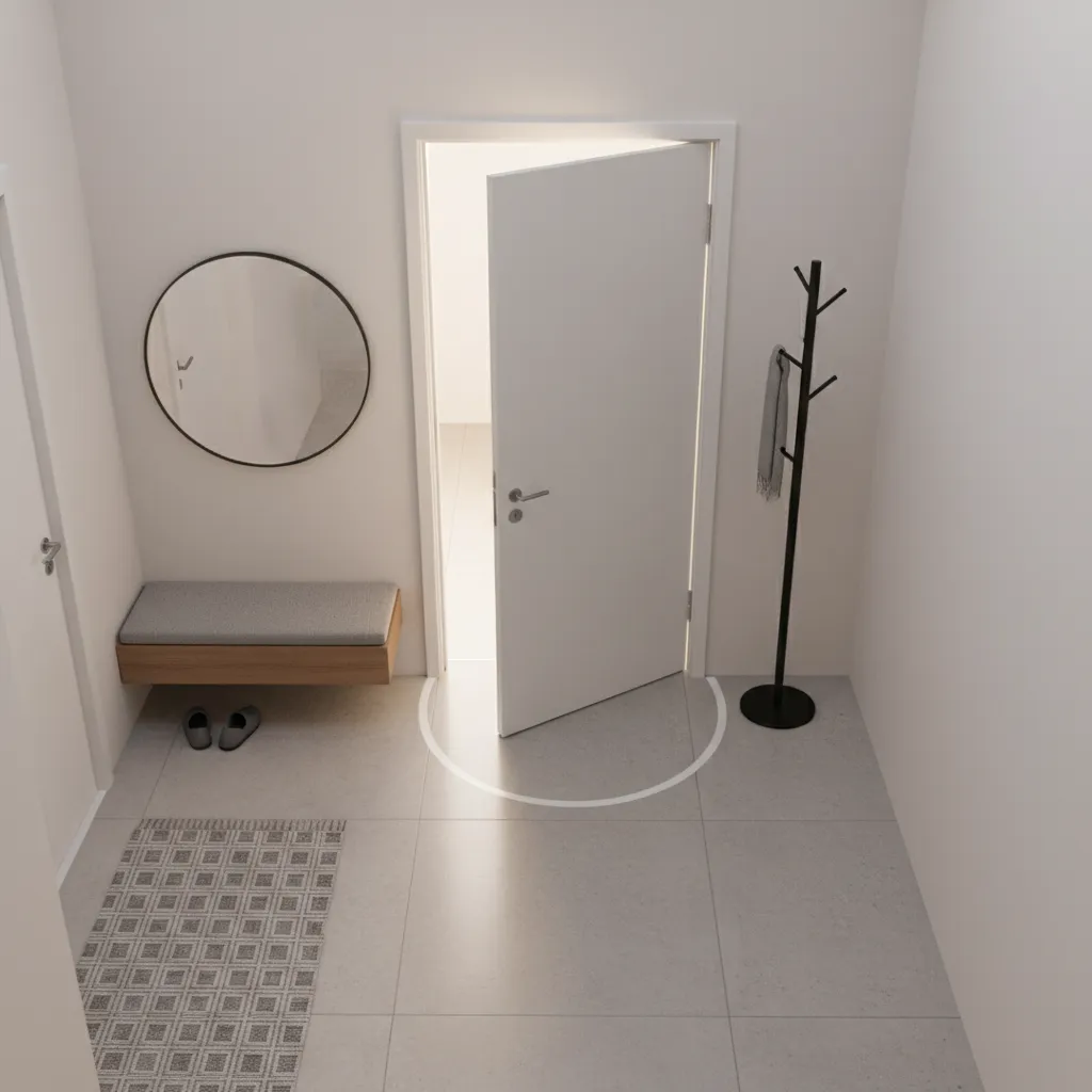 Small apartment entryway showing door swing clearance area