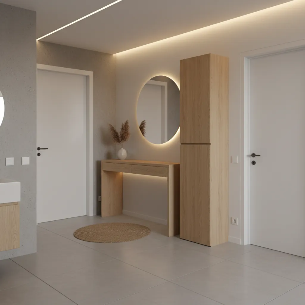 Small apartment entry with console table and cabinet redirecting view away from bathroom