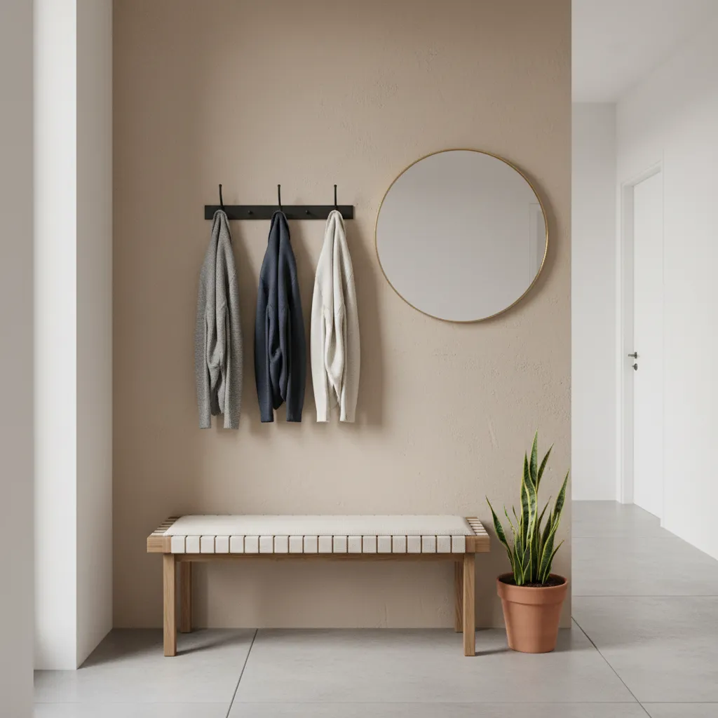 Small entryway nook with basic bench and wall hooks showing potential storage layout